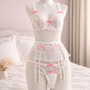 White Floral Lace 4-Piece Garter Lingerie Set
