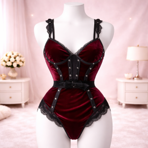Velour Lace-Trim Strappy Bodysuit