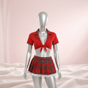 Adult Roleplay Lingerie Set – Plaid Skirt with Crop Top & Tie