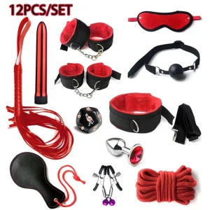 Complete BDSM Bondage Kit with Handcuffs, Gag, Whip, Nipple Clamps & Tail Plug