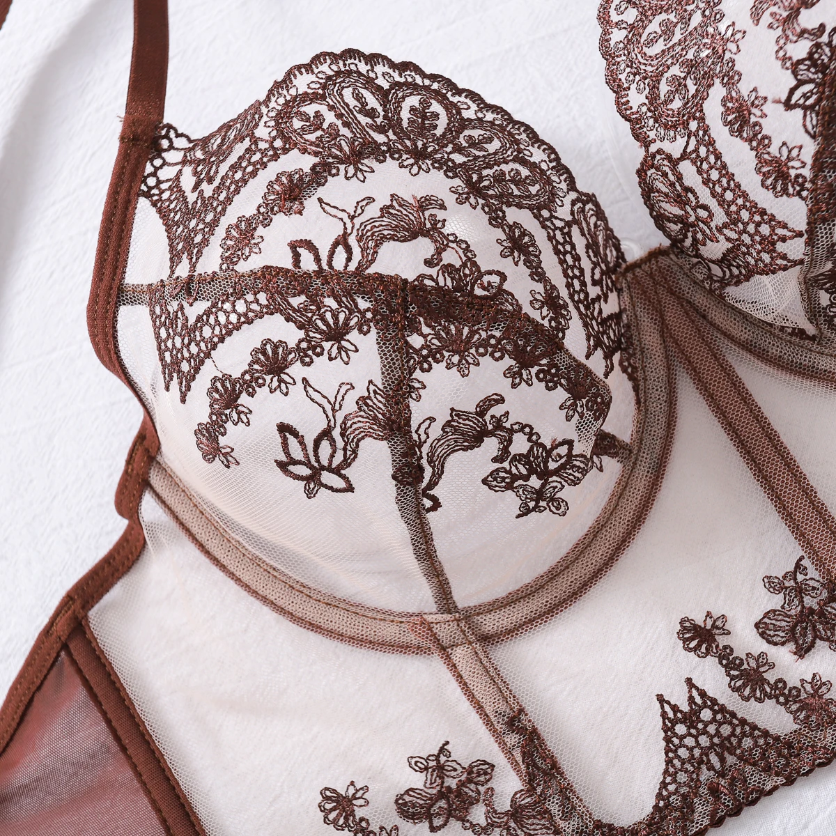 French Coffee Lace 4-Piece Embroidered Lingerie Set - Image 3