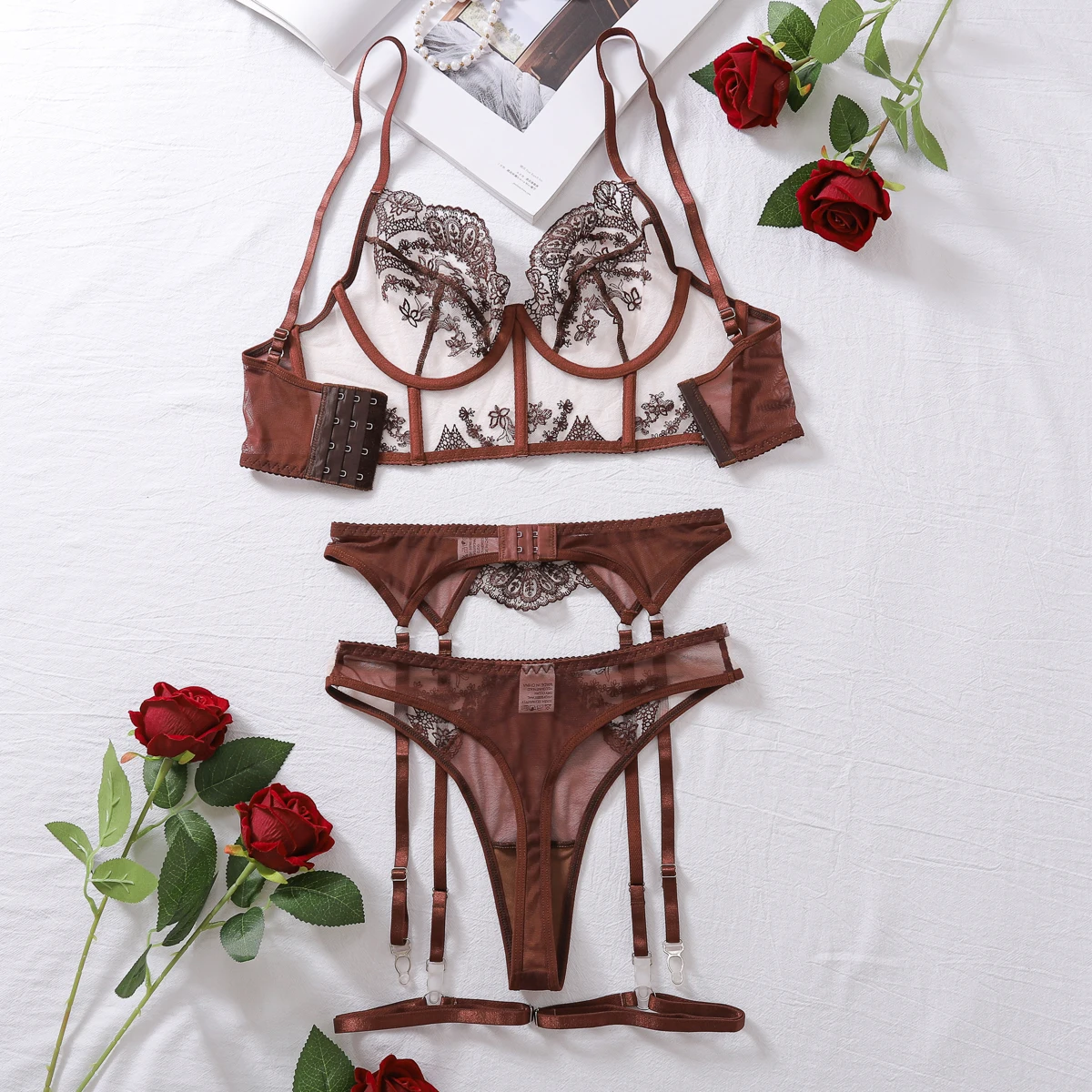 French Coffee Lace 4-Piece Embroidered Lingerie Set - Image 2